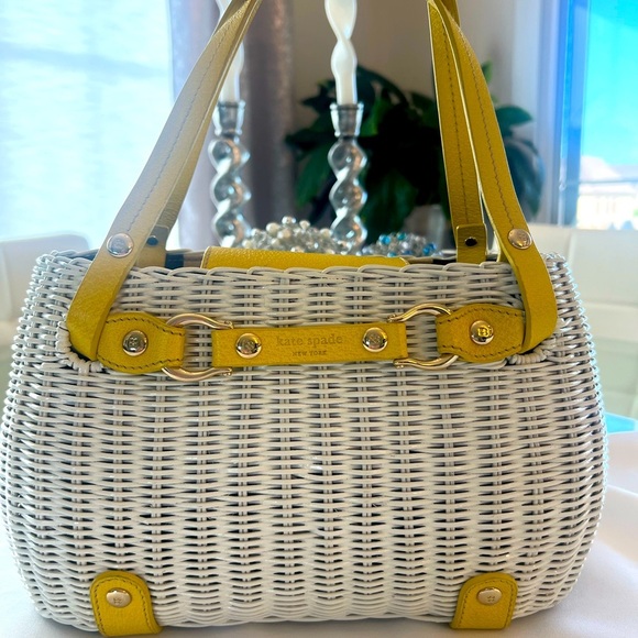 Vintage Kate Spade Raleigh Wicker Satchel Bag White Yellow Leather Trim - Picture 1 of 9